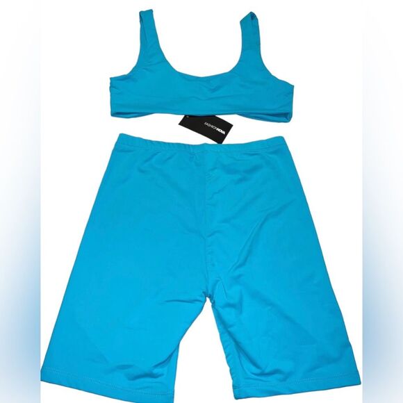 Fashion Nova Turquoise Biker Short Set Medium - Picture 4 of 5